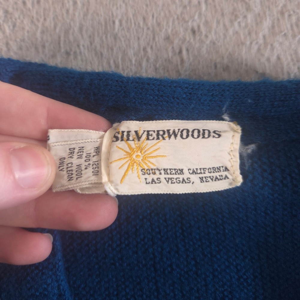 VINTAGE Silverwoods Sweater Mens M Teal Open Knit Cable Cardigan Wool 60s 70s - Picture 3 of 13